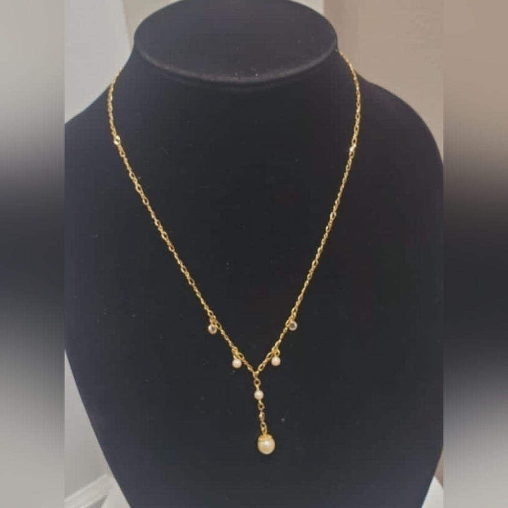 Vintage Gold Tone Y Pendant Necklace With Faux Pearls.🌴